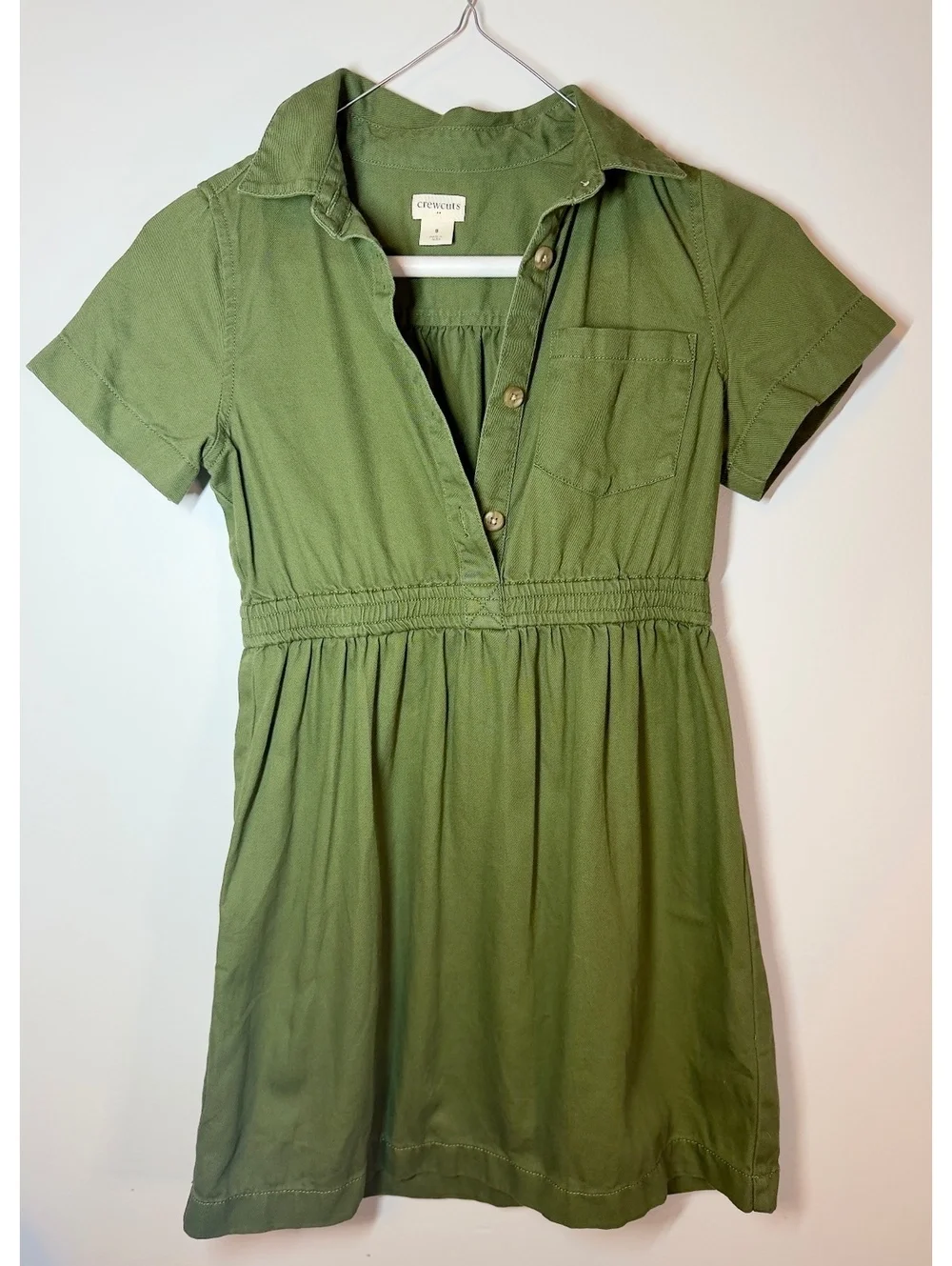 Girls olive green crewcuts utility shirt dress. Size 8